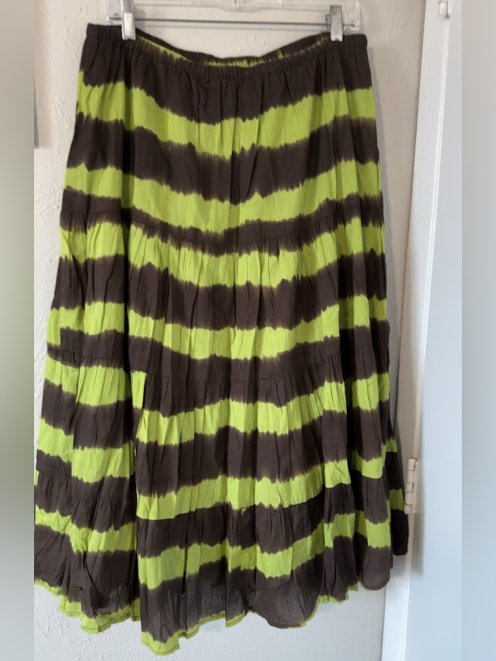JM Striped Tiered Midi Skirt in Lime Green and Brown